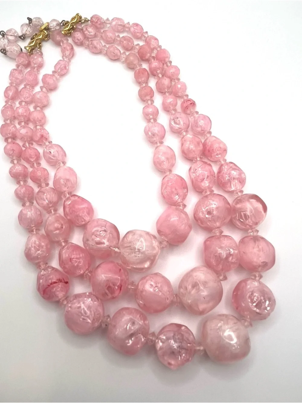 Vintage Carnegie Pink Glass Bead Necklace 3 Strand Chunky Signed Statement - Picture 7 of 8